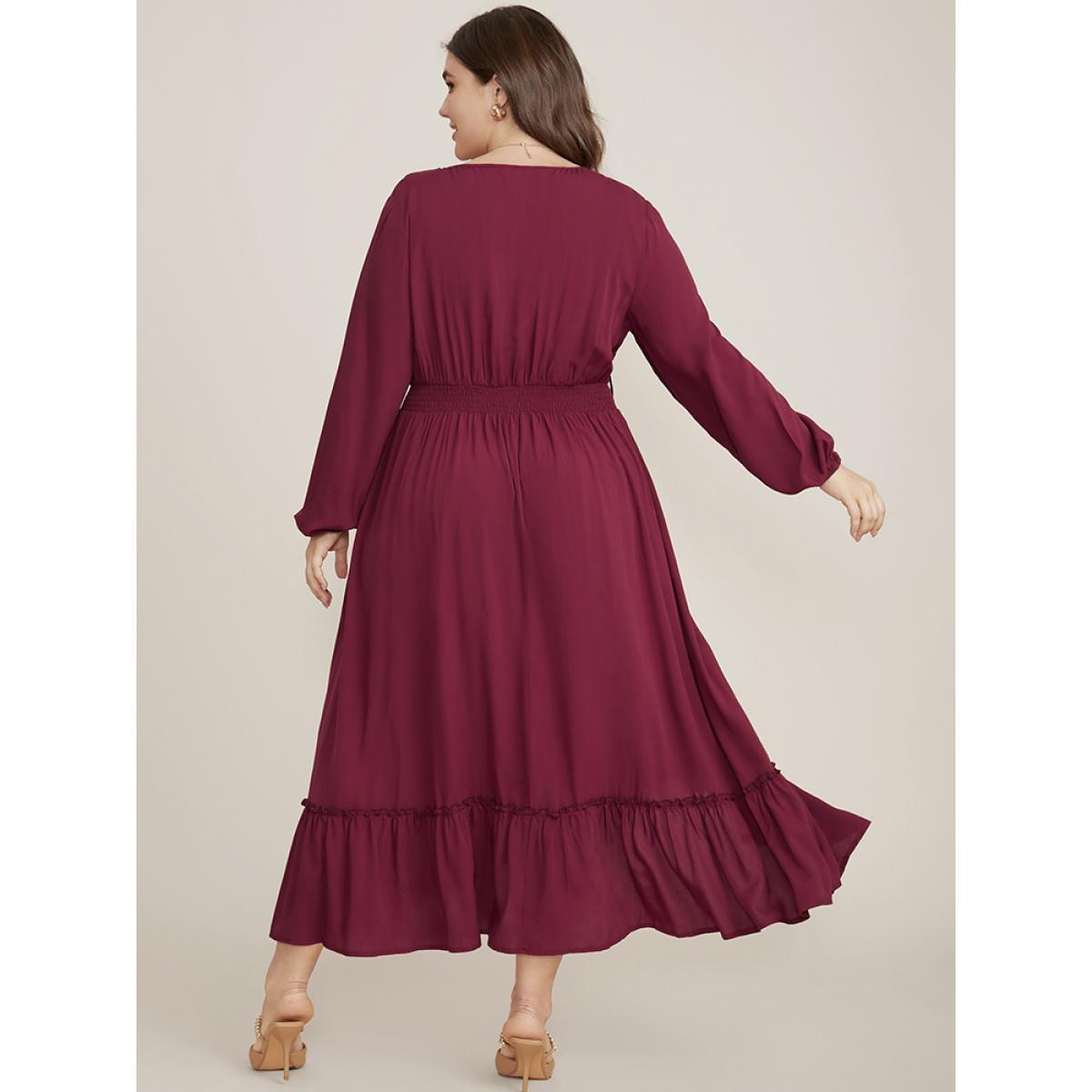 Plus Size Solid Pocket Button Detail Tie Neck Shirred Ruffles Dress Burgundy Women Elegant Pocket V-neck Long Sleeve Curvy Midi Dress BloomChic 18-20/2X Product Image
