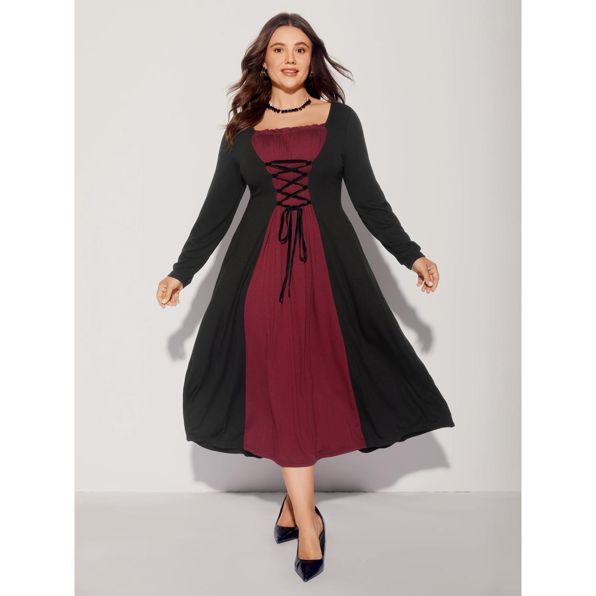 Plus Size Stretchy Knit Adjustable Tie Frill Trim Midi Dress Black Women Cocktail Wraparound straps Party Curvy Bloomchic 22-24/3X Product Image