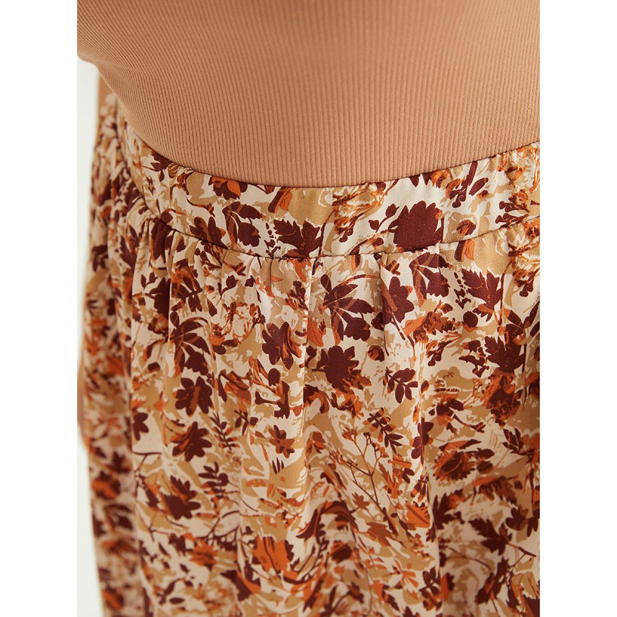 Plus Size Plant Print Pocket Elastic Waist Ruffle Hem Skirt Women Rust Elegant No stretch Pocket Dailywear Skirts BloomChic 10/M Product Image