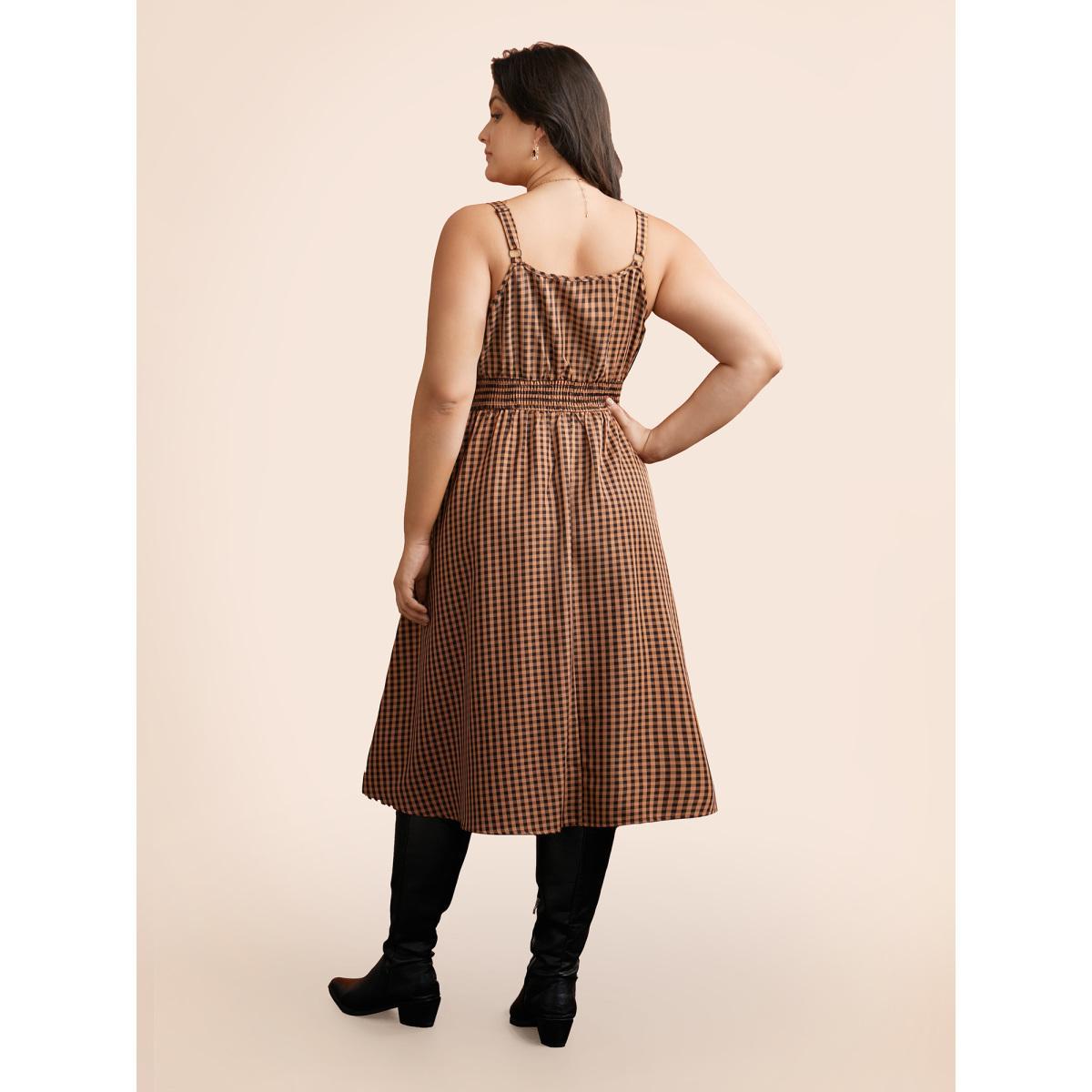 Plus Size Cami Pumpkin Color Grid Waist Midi Dress Brightorange Women Cocktail Shirred Party Curvy Bloomchic 26/4X Product Image
