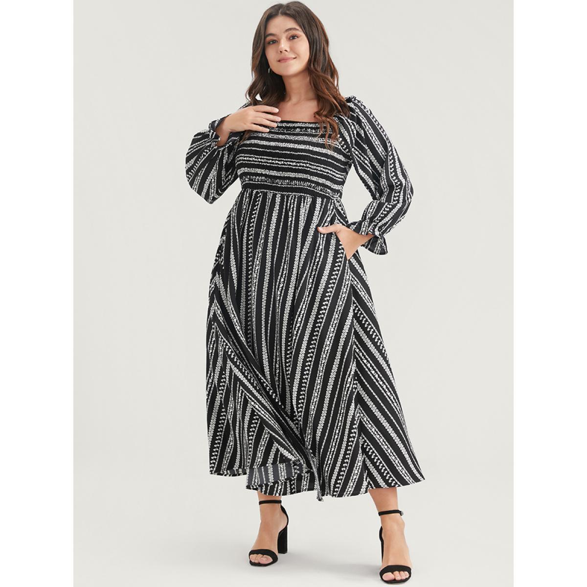 Plus Size Striped Square Neck Lantern Sleeve Pocket Shirred Split Dress Black Women Vacation Pocket Square Neck Long Sleeve Curvy Midi Dress BloomChic 22-24/3X Product Image