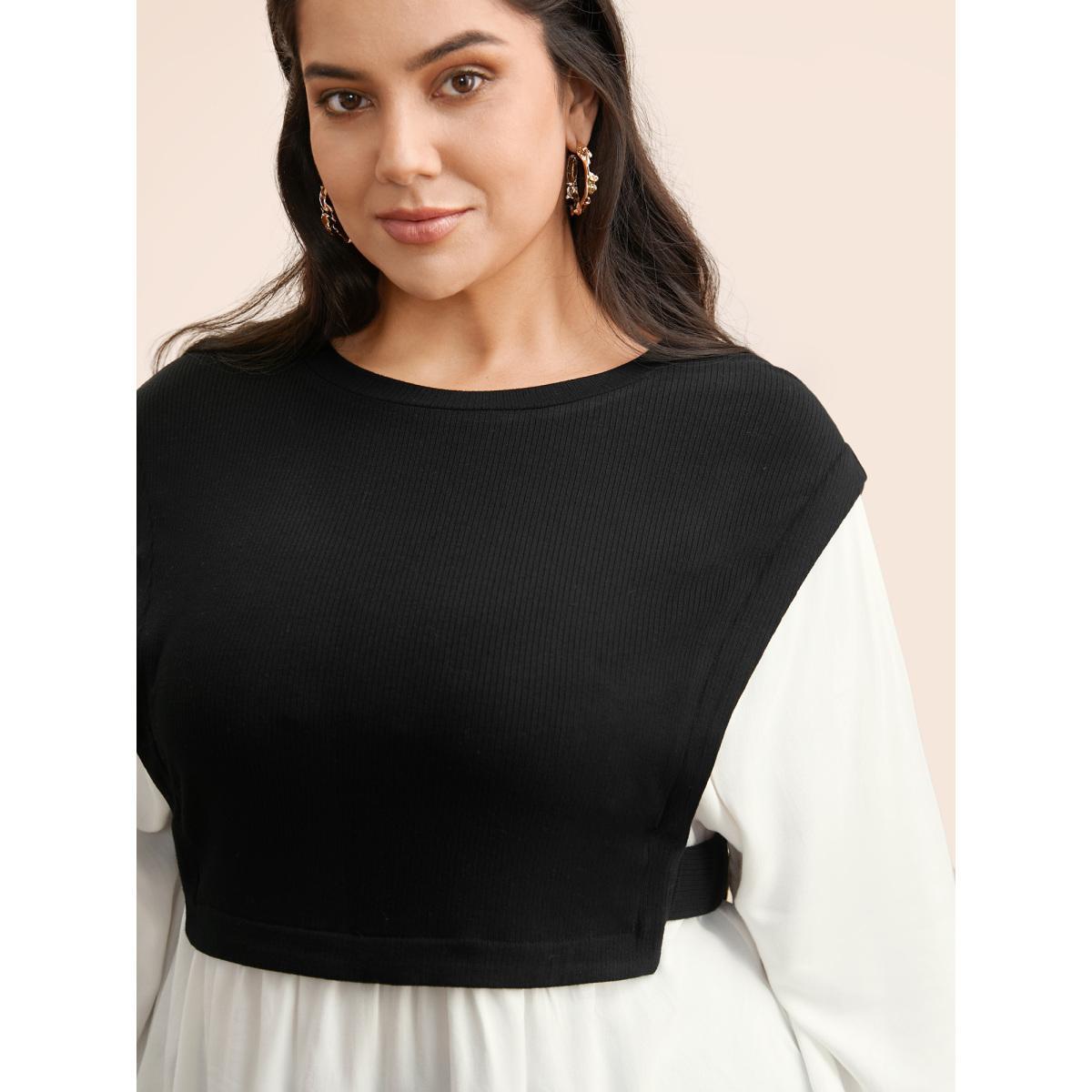 Plus Size Multicolor Round Neck Patchwork Contrast Gathered Blouse Women Casual Long Sleeve Round Neck Everyday Blouses BloomChic 28/5X Product Image