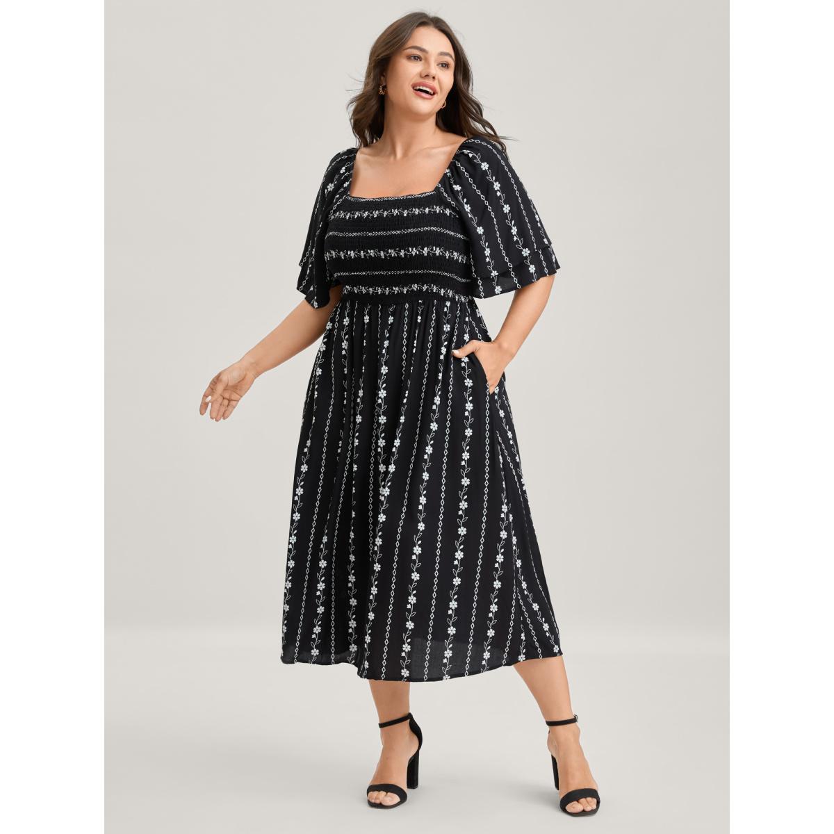 Plus Size Floral Stripes Layered Ruffle Sleeve Midi Dress Black Women Shirred Square Neck Short sleeve Curvy BloomChic 30/6X Product Image