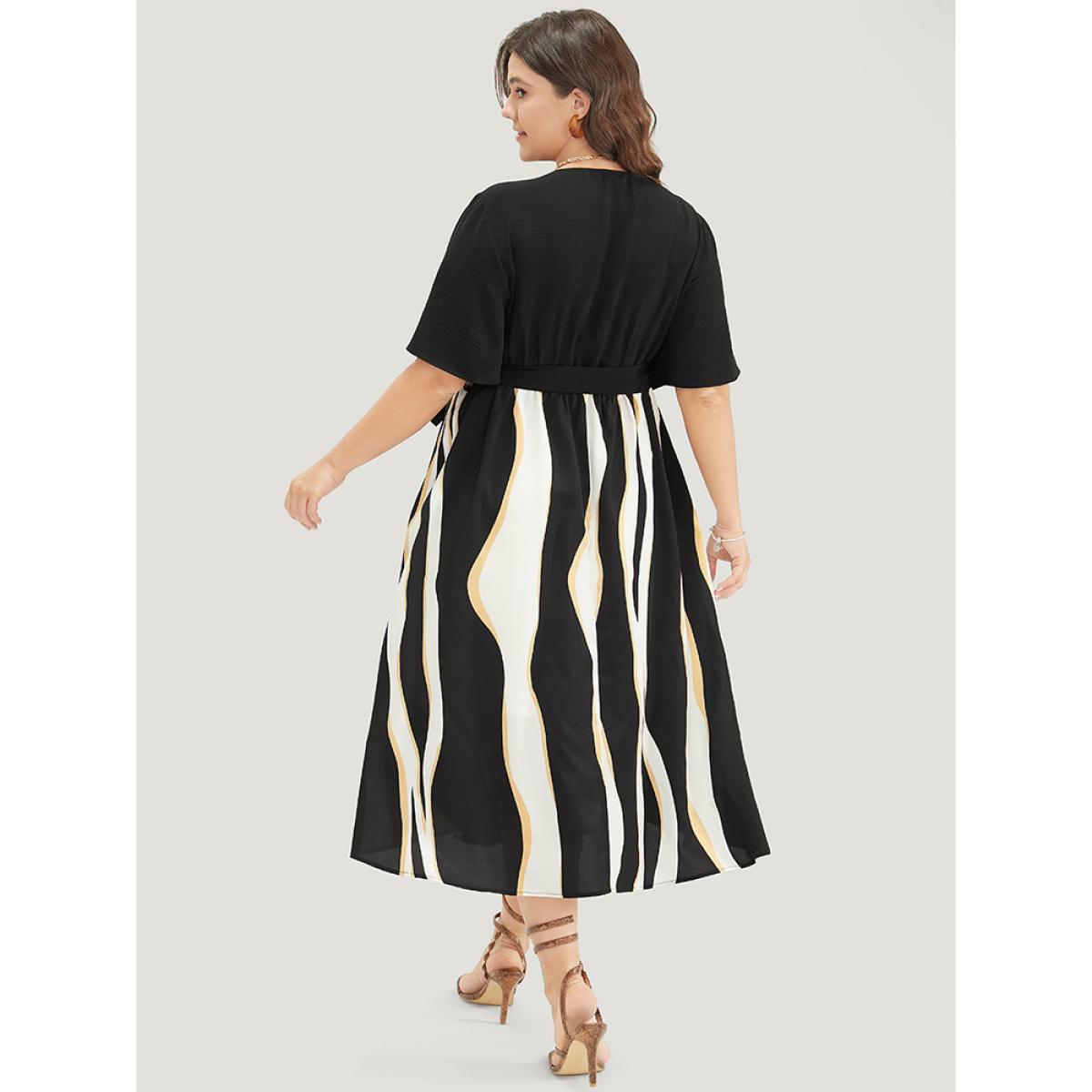 Plus Size Striped Patchwork Ruffle Sleeve Pocket Belted Keyhole Dress Black Women Office Lined Keyhole Cut-Out Short sleeve Curvy Midi Dress BloomChic 28/5X Product Image