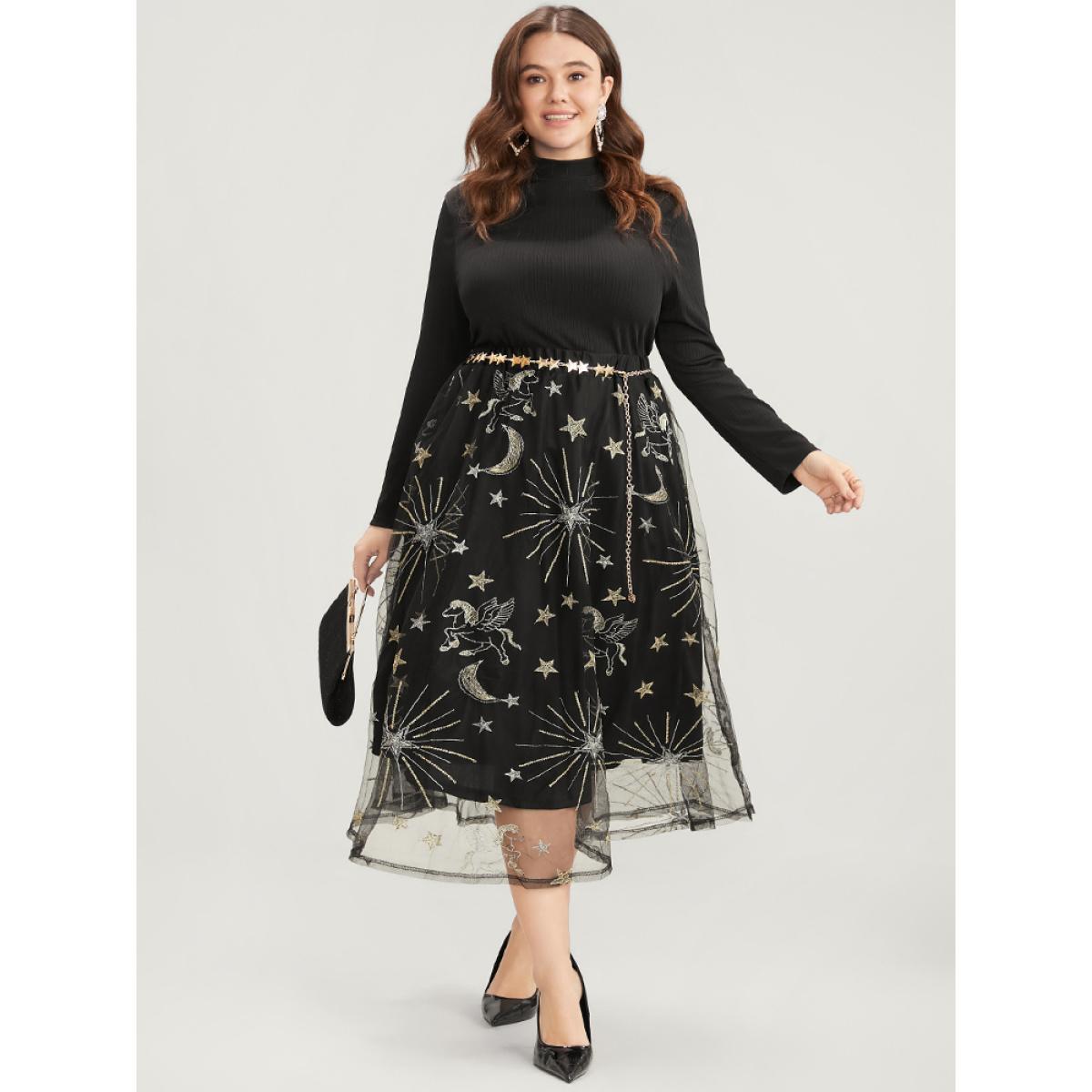 Plus Size Moon And Star Embroidered Mesh Elastic Waist Skirt Women Black Glamour Embroidered No stretch Going out Skirts BloomChic 10/M Product Image