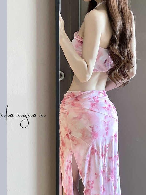 Set: Floral Print Bikini Top + Bottom + Cover-Up Skirt Product Image
