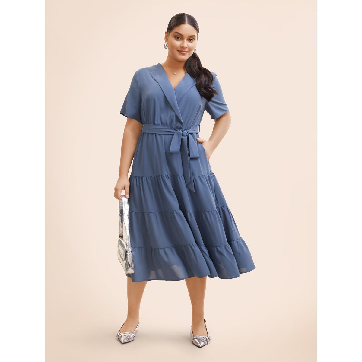 Plus Size Suit Collar Ruffle Layered Hem Dress Stone Women Workwear Essentials Belted Suit Collar Short sleeve Curvy BloomChic 14-16/1X Product Image