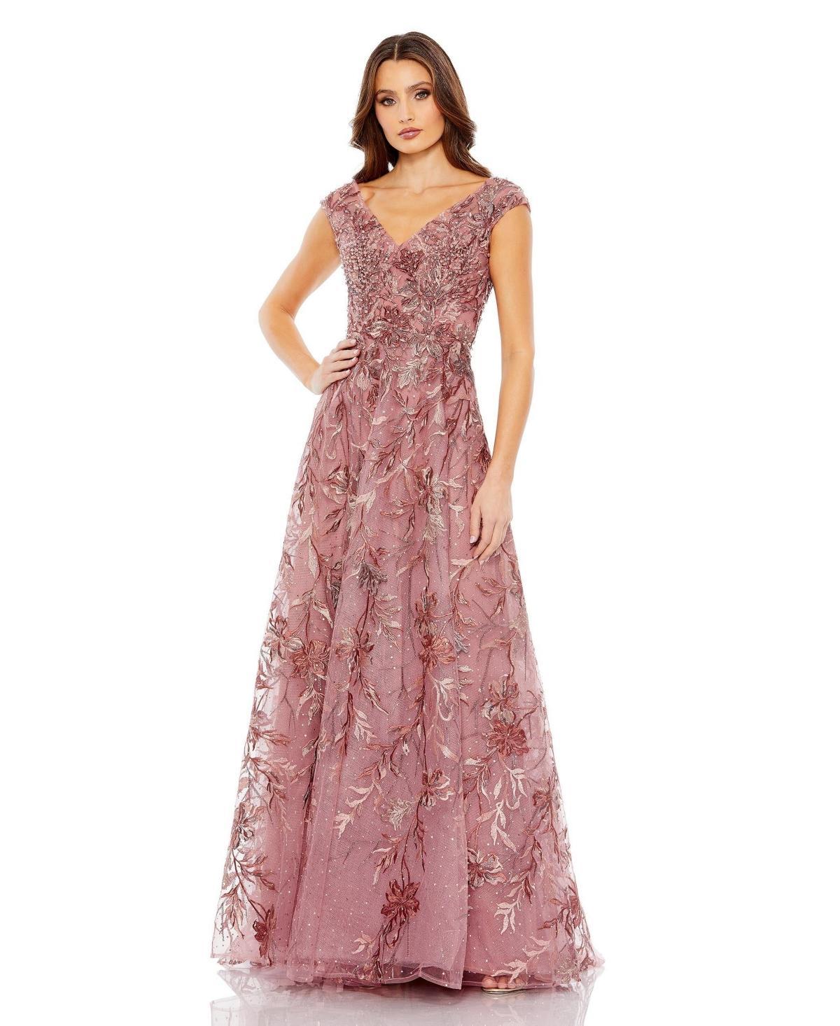 Mac Duggal Sequin Embellished Flounce Hem Surplice V-Neck Long Sleeve Midi Dress Product Image