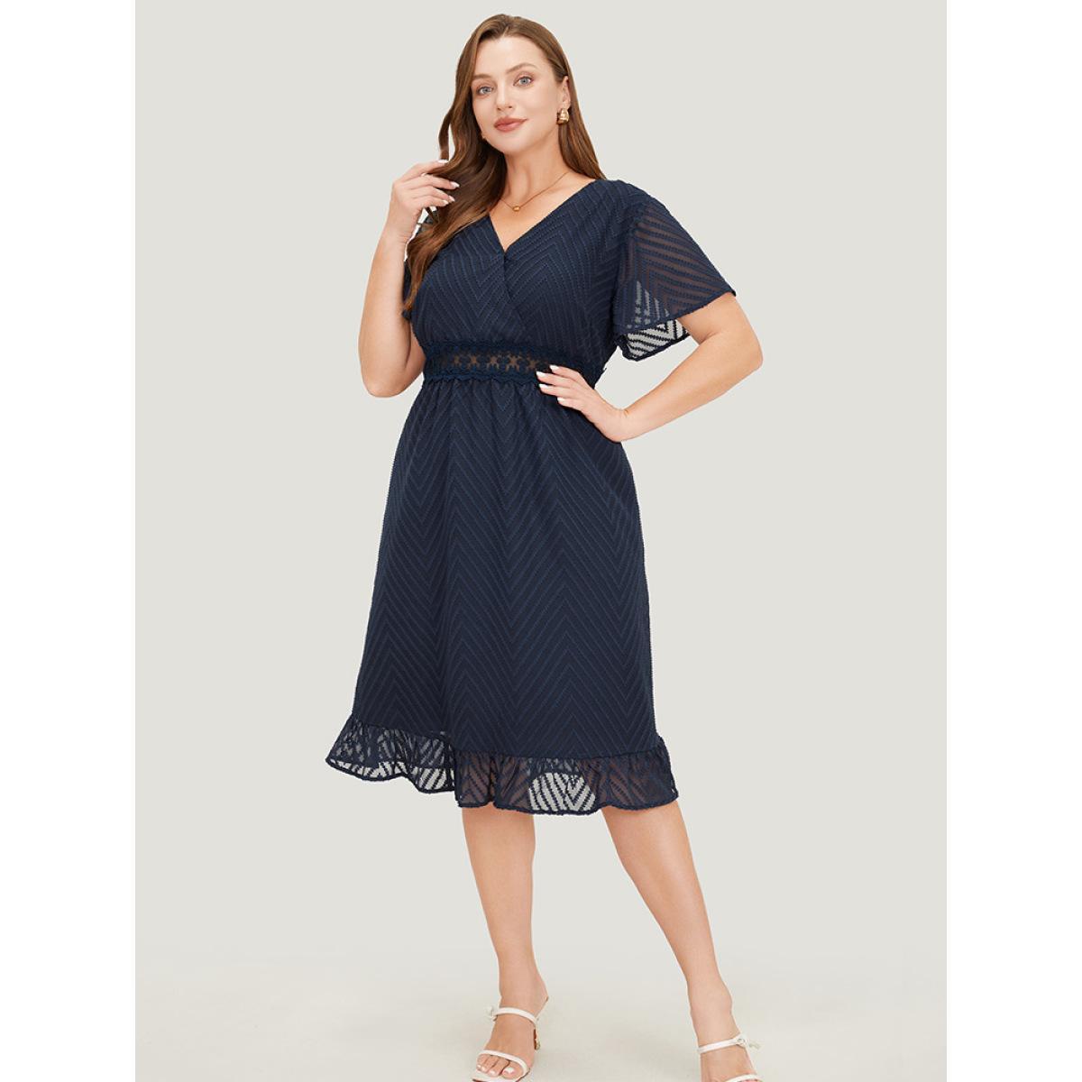 Plus Size Plain Geometric Pocket Wrap Mesh Lace Insert Ruffle Dress Indigo Women Elegant Lined V-neck Short sleeve Curvy Knee Dress BloomChic 18-20/2X Product Image