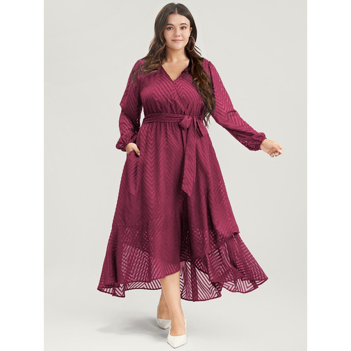 Plus Size Solid Geometric Wrap Pocket Belted Asymmetrical Hem Dress RedViolet Women Glamour Plain V-neck Long Sleeve Curvy Long Dress BloomChic 18-20/2X Product Image