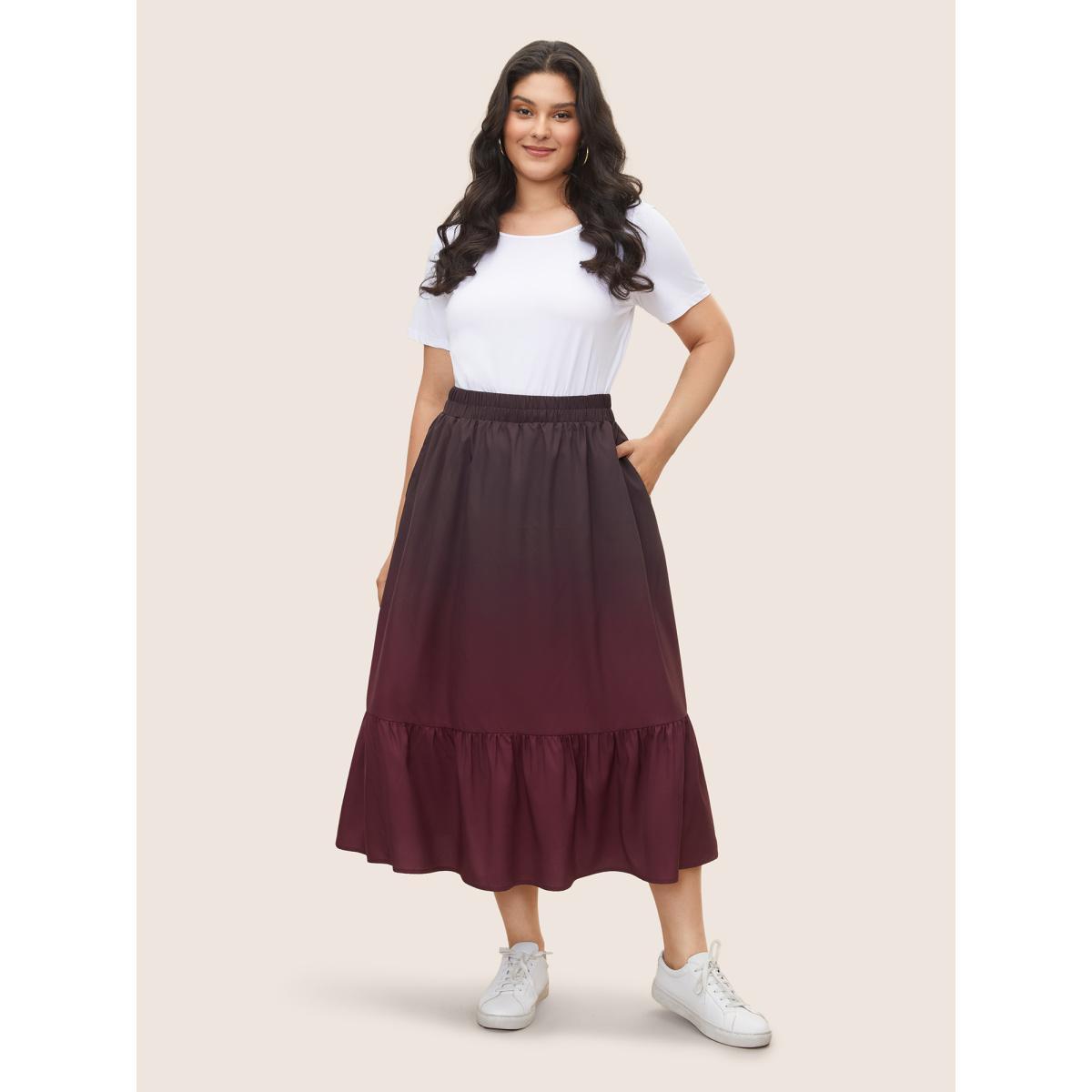 Plus Size Ombre Patchwork Ruffle Hem Pocket Skirt Women Eggplant Casual Patchwork No stretch Slanted pocket Everyday Skirts BloomChic 28/5X Product Image