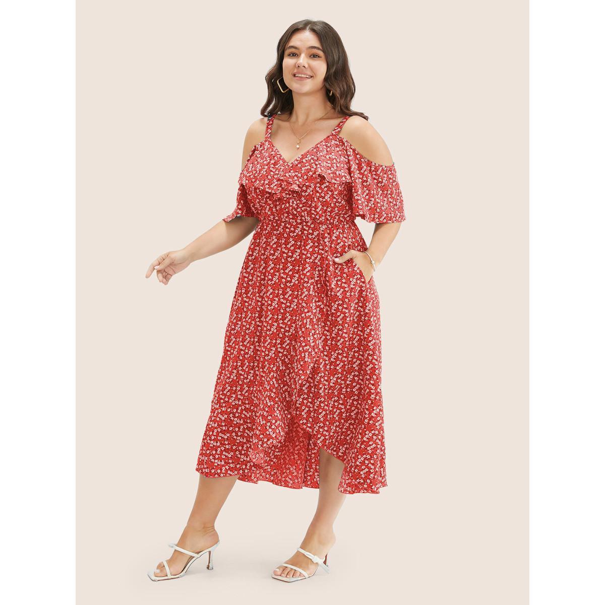 Plus Size Ditsy Floral Pocket Wrap Cold Shoulder Ruffle Dress Red Women Elegant Non Overlap Collar Short sleeve Curvy Midi Dress BloomChic 12/L Product Image