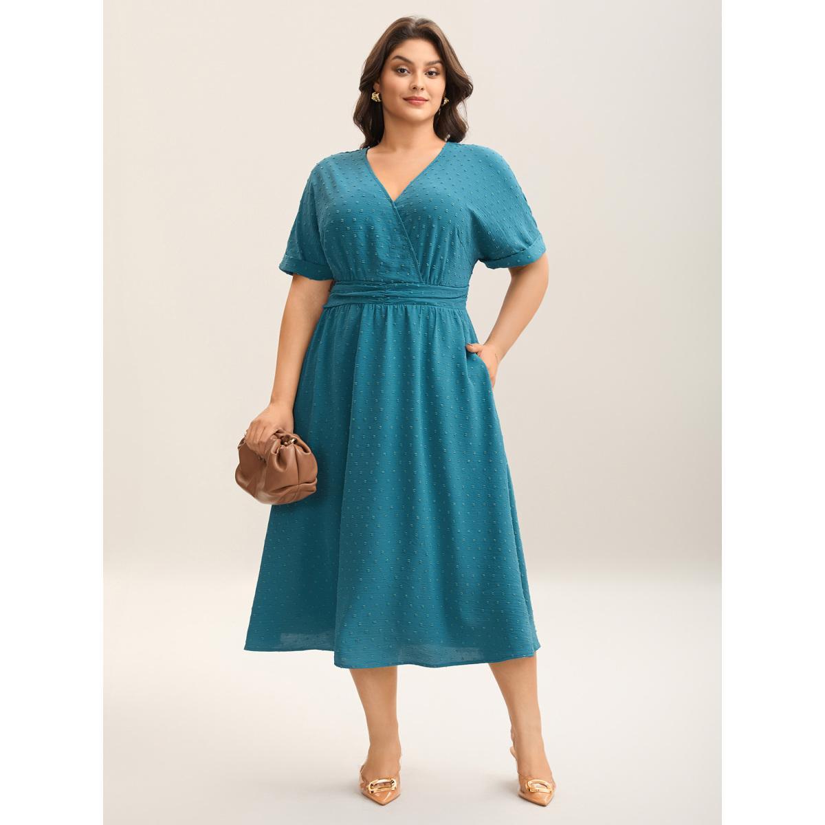 Plus Size Textured Stretchy Pleated Waist Midi Dress Aegean Women Overlap Collar Short sleeve Curvy BloomChic 28/5X Product Image