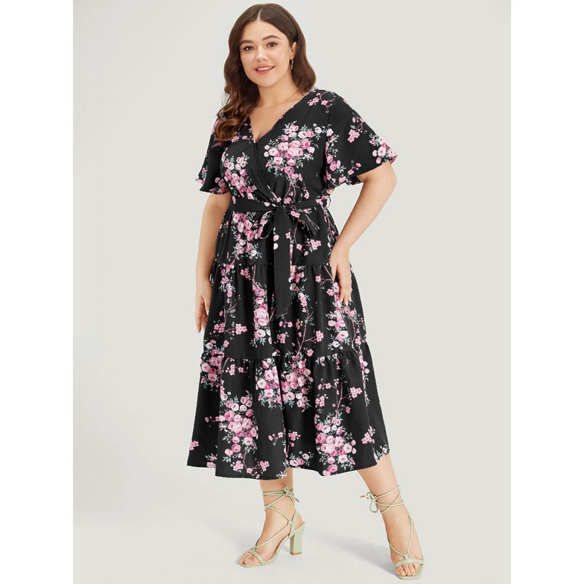 Plus Size Floral Print Wrap Belted Pocket Ruffle Hem Dress Black Women Elegant Lined V-neck Short sleeve Curvy Midi Dress BloomChic 30/6X Product Image