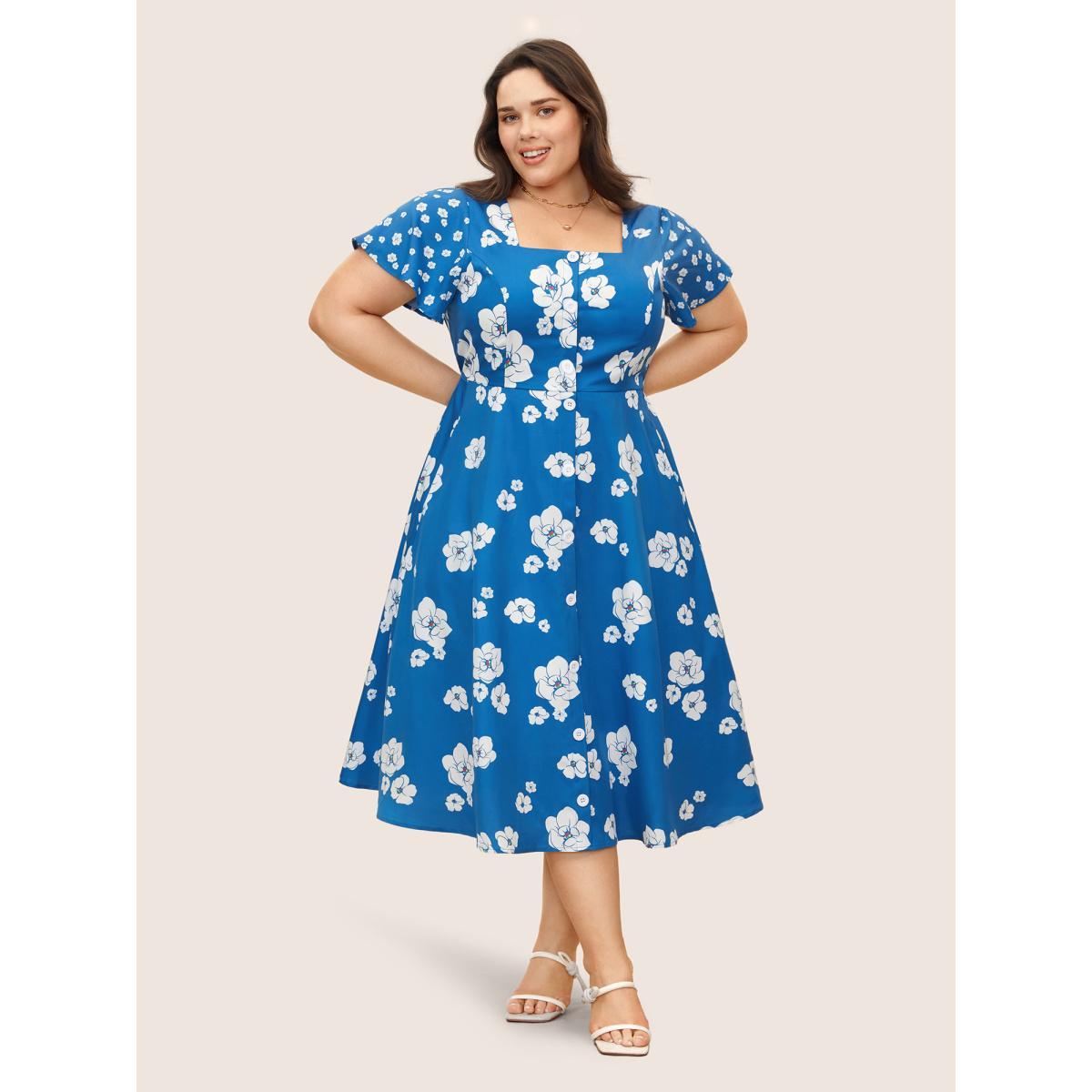 Plus Size Square Neck Natural Flowers Ruffle Sleeve Dress Blue Women Elegant Button Square Neck Short sleeve Curvy BloomChic 14-16/1X Product Image