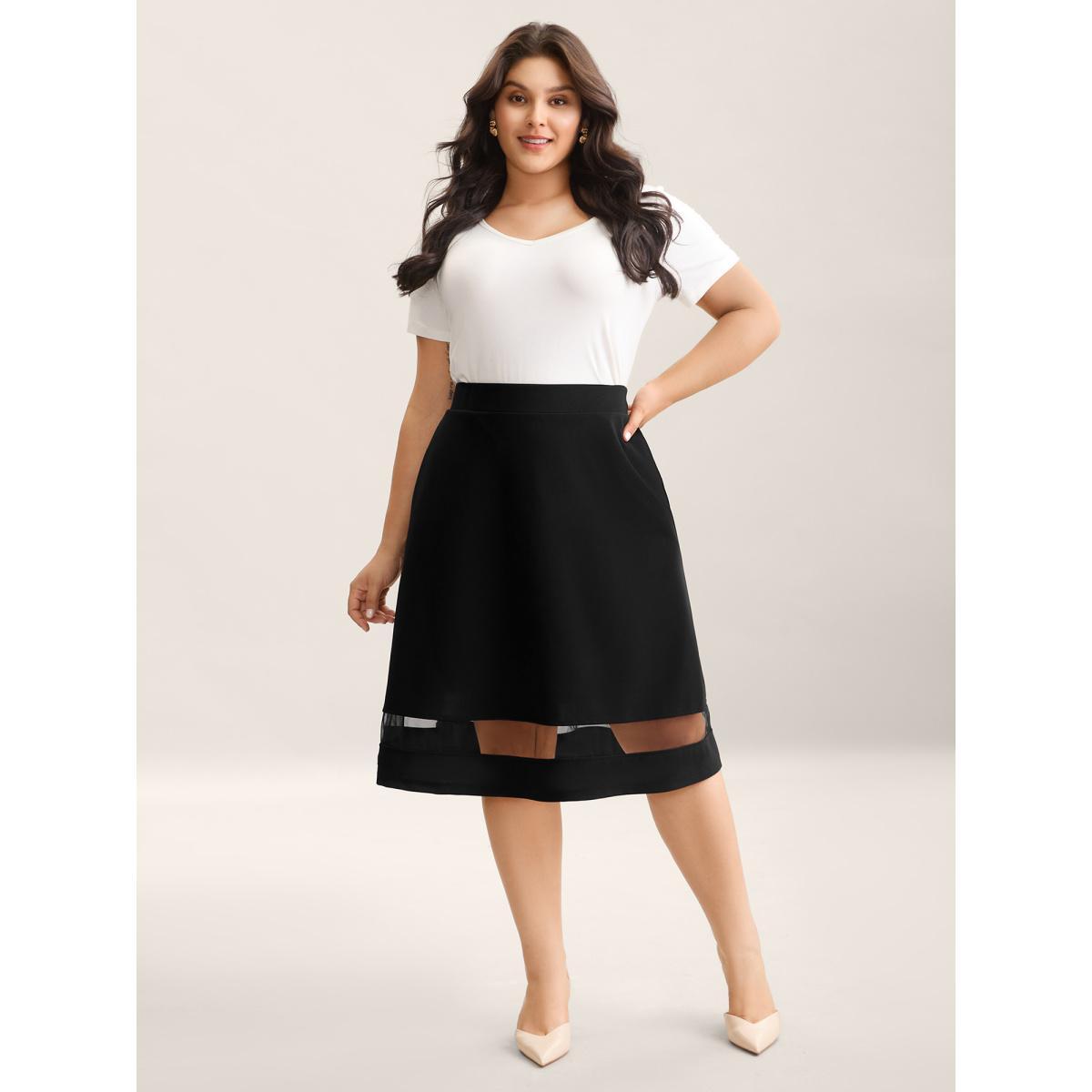 Plus Size Sheer Hem Flared Plain Midi Skirt Women Black Formal See through Bodycon Low stretch Slanted pocket Party Skirts BloomChic 10/M Product Image