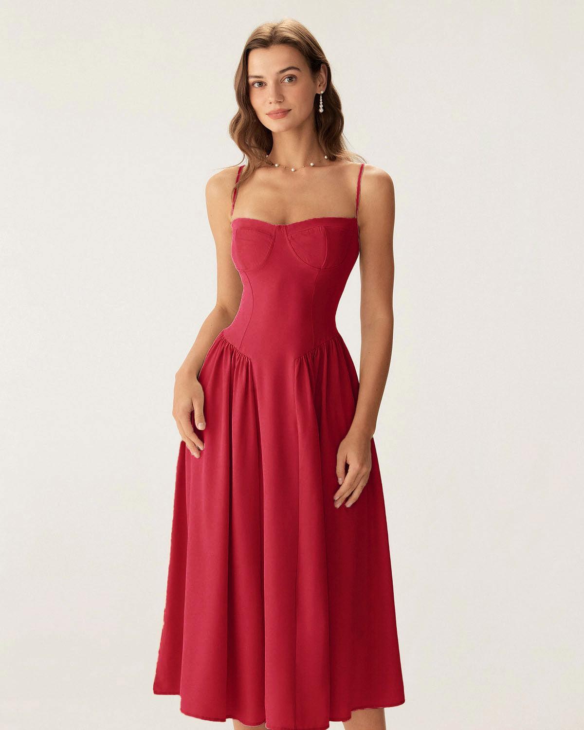 Red Square Neck Pocket Slip Midi Dress Product Image