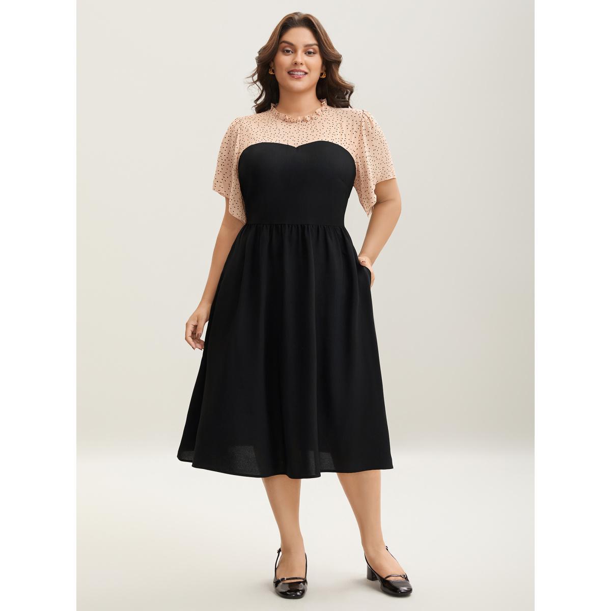 Plus Size Round Ruffled Neck Color Contrast Midi Dress Black Women Elegant See through Round Neck Short sleeve Curvy BloomChic 10/M Product Image