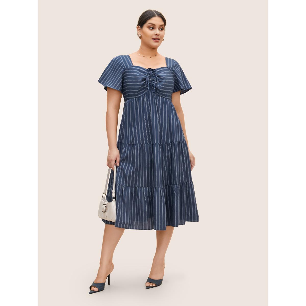 Plus Size Striped Drawstring Gathered Ruffle Sleeve Dress DarkBlue Women At the Office Gathered Heart neckline Short sleeve Curvy BloomChic 28/5X Product Image