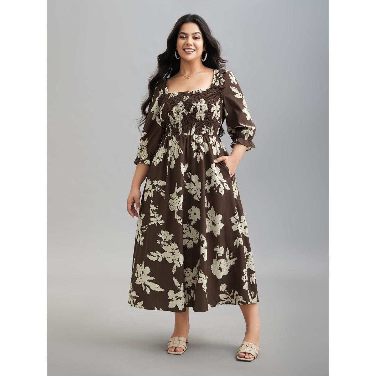 Plus Size Leaf Print Square Neck Ruffled Shirred Midi Dress Browncoffeecolor Women Elegant Shirred Square Neck Elbow-length sleeve Curvy BloomChic 12/L Product Image