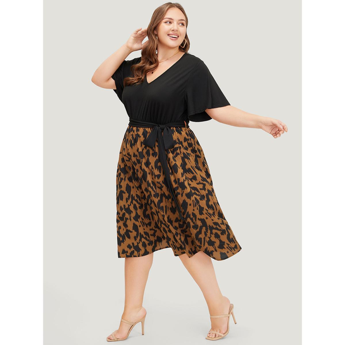Plus Size Allover Print Contrast Belted Ruffle Sleeve Patchwork Dress Black Women Elegant Contrast V-neck Short sleeve Curvy Midi Dress BloomChic 30/6X Product Image
