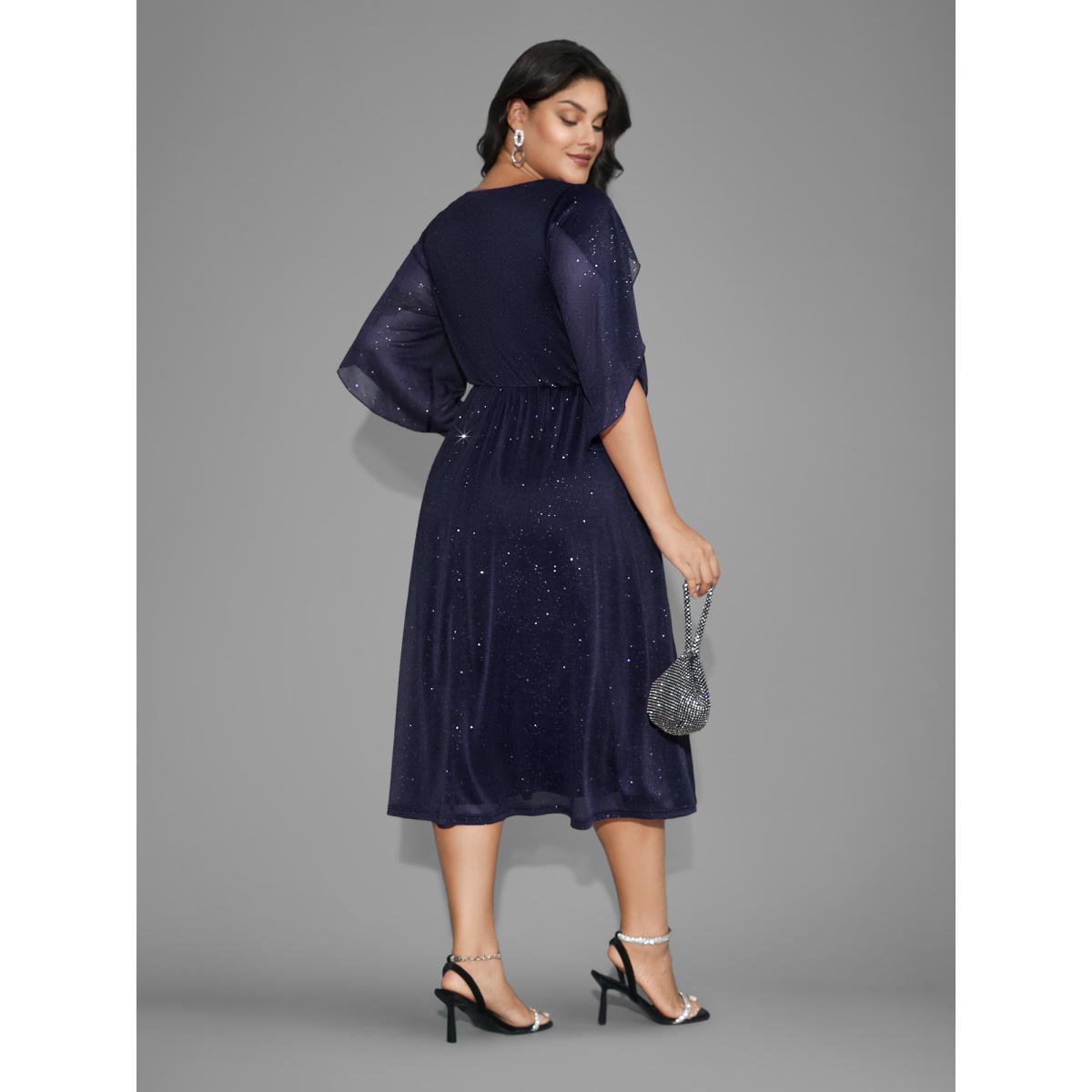 Plus Size Glitter Mesh Petal Sleeve Midi Dress Midnight Women Cocktail Texture Party Curvy Bloomchic 26/4X Product Image