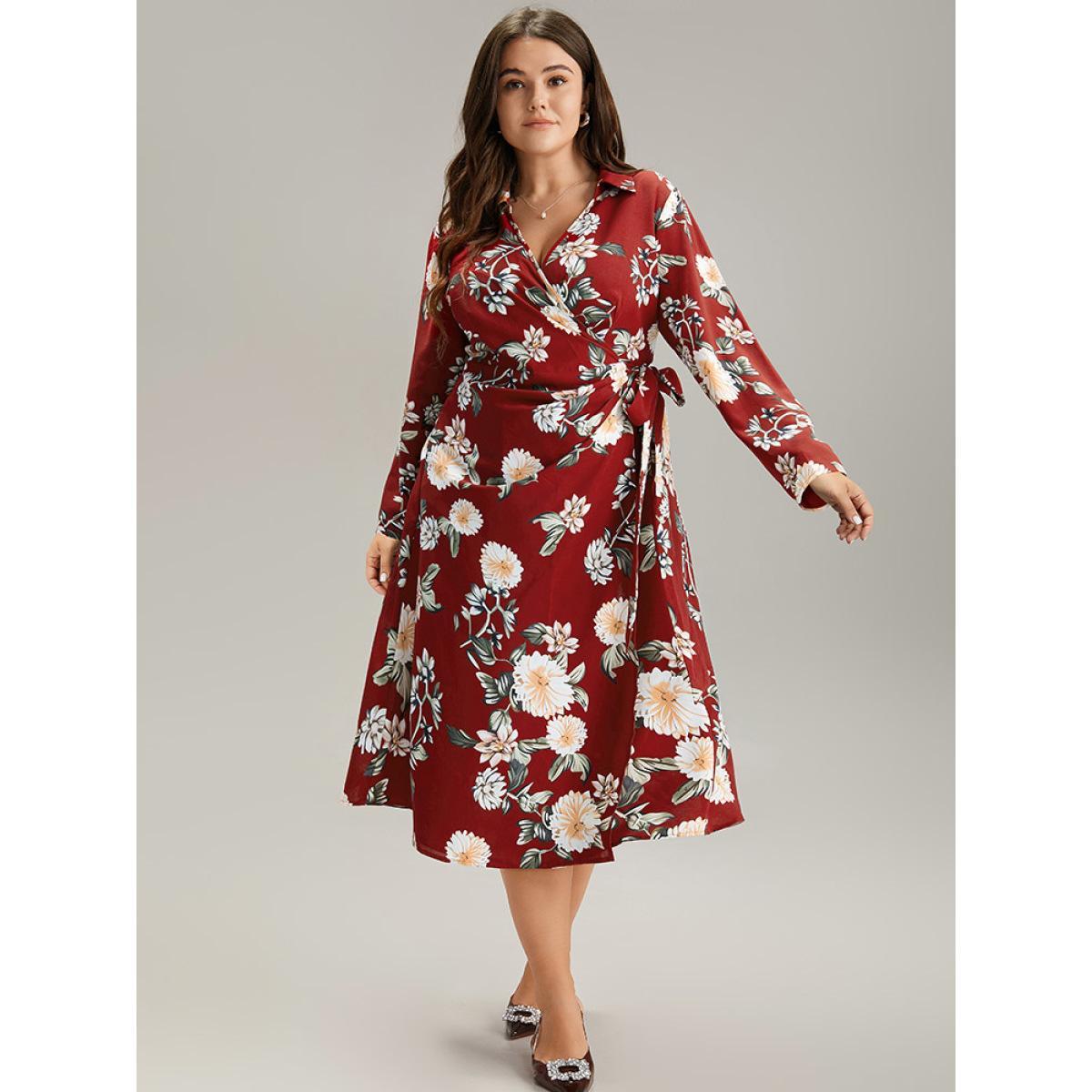 Plus Size Floral Print Knotted Shirt Collar Dress Scarlet Women Elegant Printed V-neck Long Sleeve Curvy Midi Dress BloomChic 12/L Product Image