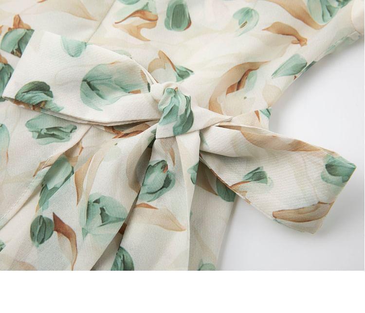Short-Sleeve Crew Neck Mock Two-Piece Floral Print Panel Tie Side Midi A-Line Dress Product Image