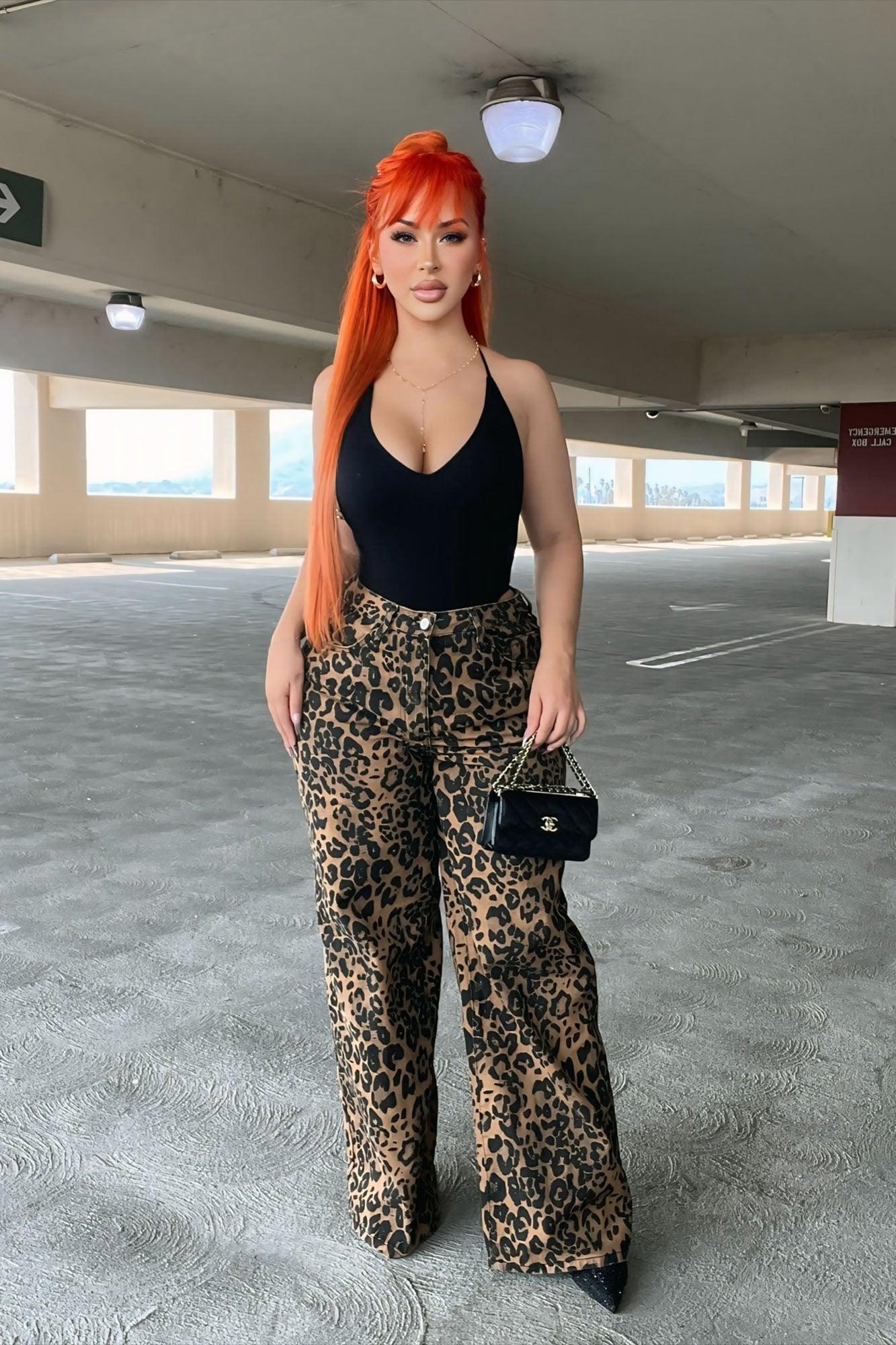 She's A Wild One Leopard Print Wide Leg Jeans - Brown Combo Product Image