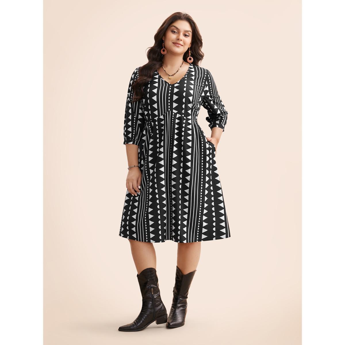 Plus Size Geometric V Neck Lantern Sleeve Dress Black Women Resort Non V-neck Elbow-length sleeve Curvy BloomChic 12/L Product Image