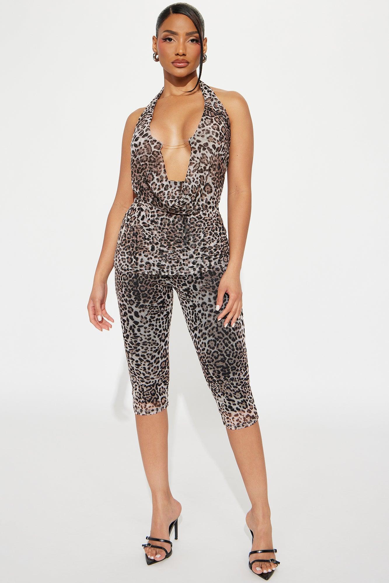 Tia Leopard Mesh Capri Set - Brown Product Image
