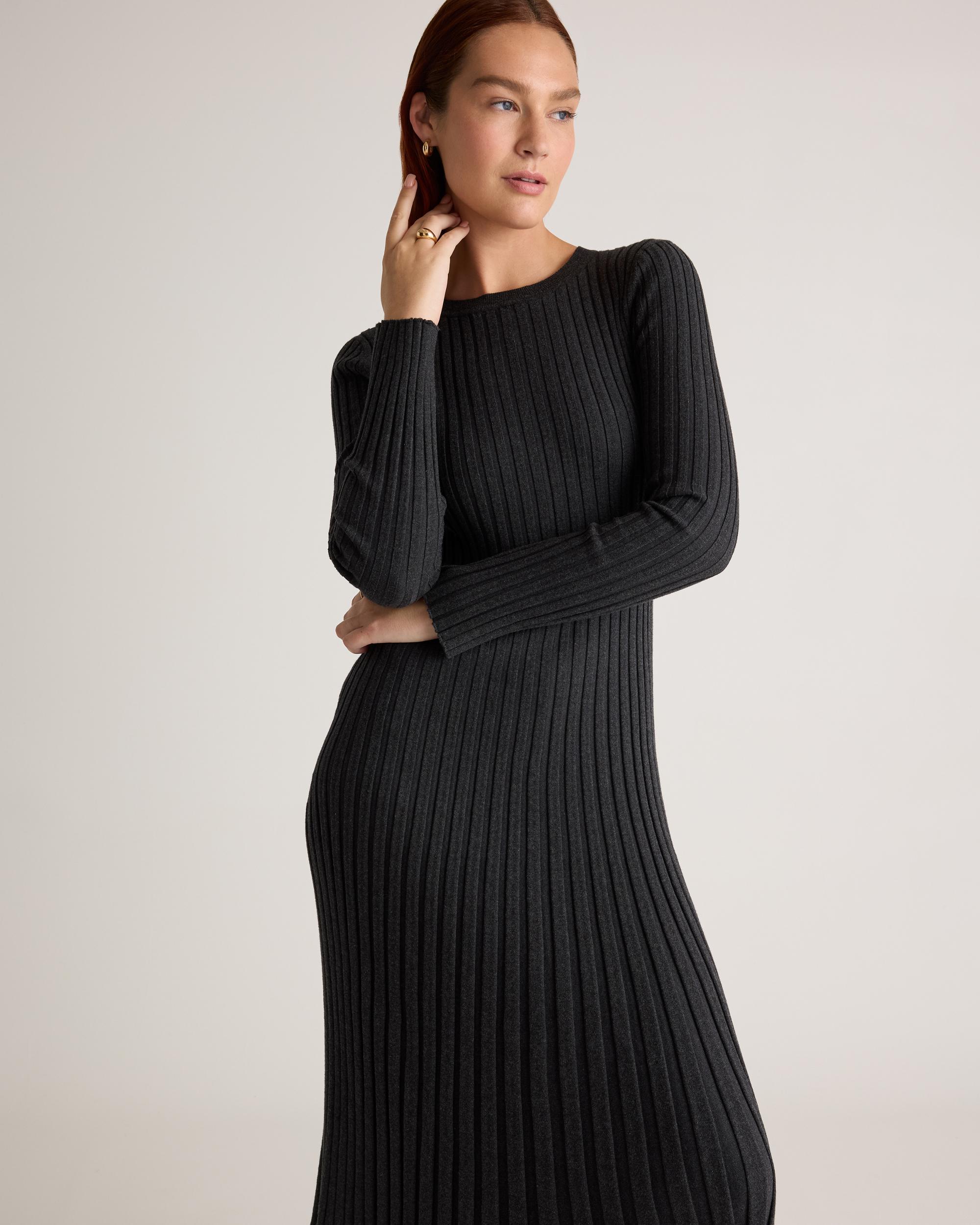 Quince | Women's Cotton Cashmere Ribbed Long Sleeve Crew Midi Dress Size XL Product Image