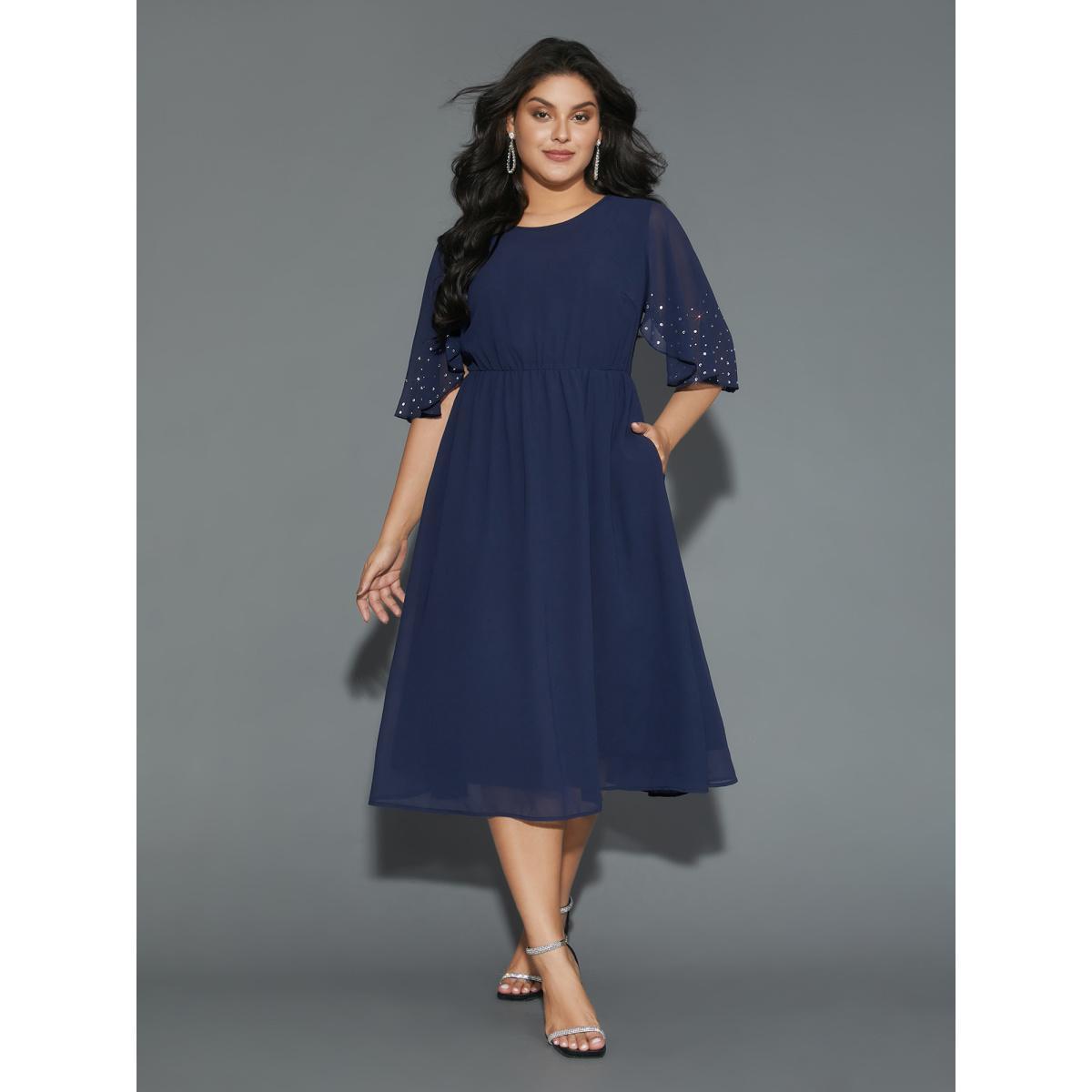 Plus Size Rhinestone Elastic Waist Ruffle Sleeve Dress Navy Women Cocktail Rhinestone detailing Party Curvy Bloomchic 14-16/1X Product Image
