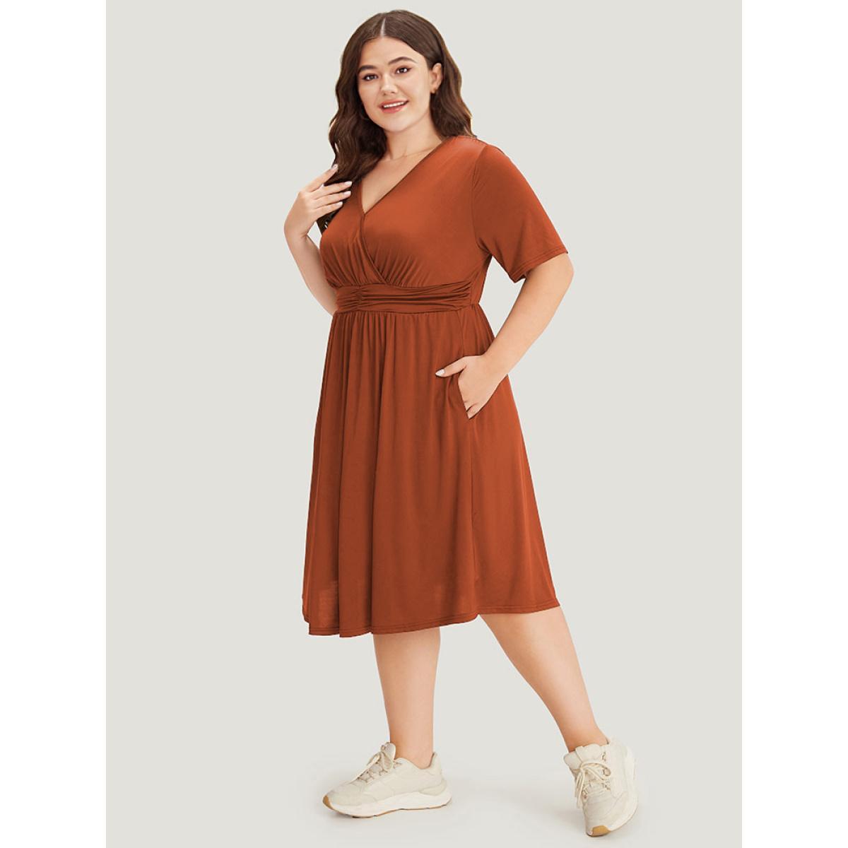 Plus Size Supersoft Essentials Solid Surplice Neck Ruched Front Dress Rust Women Casual Wrap V-neck Short sleeve Curvy Midi Dress BloomChic 22-24/3X Product Image