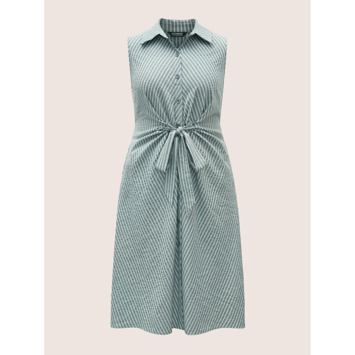 Plus Size Shirt Collar Striped Midi Tank Dress Palemauve Women At the Office Tie knot Shirt collar Sleeveless Curvy BloomChic 18-20/2X Product Image