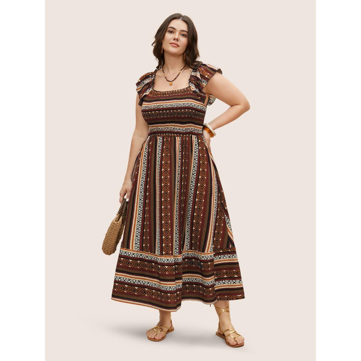 Plus Size Bandana Striped Shirred Ruffle Trim Dress Russet Women Resort Shirred Square Neck Cap Sleeve Curvy BloomChic 28/5X Product Image