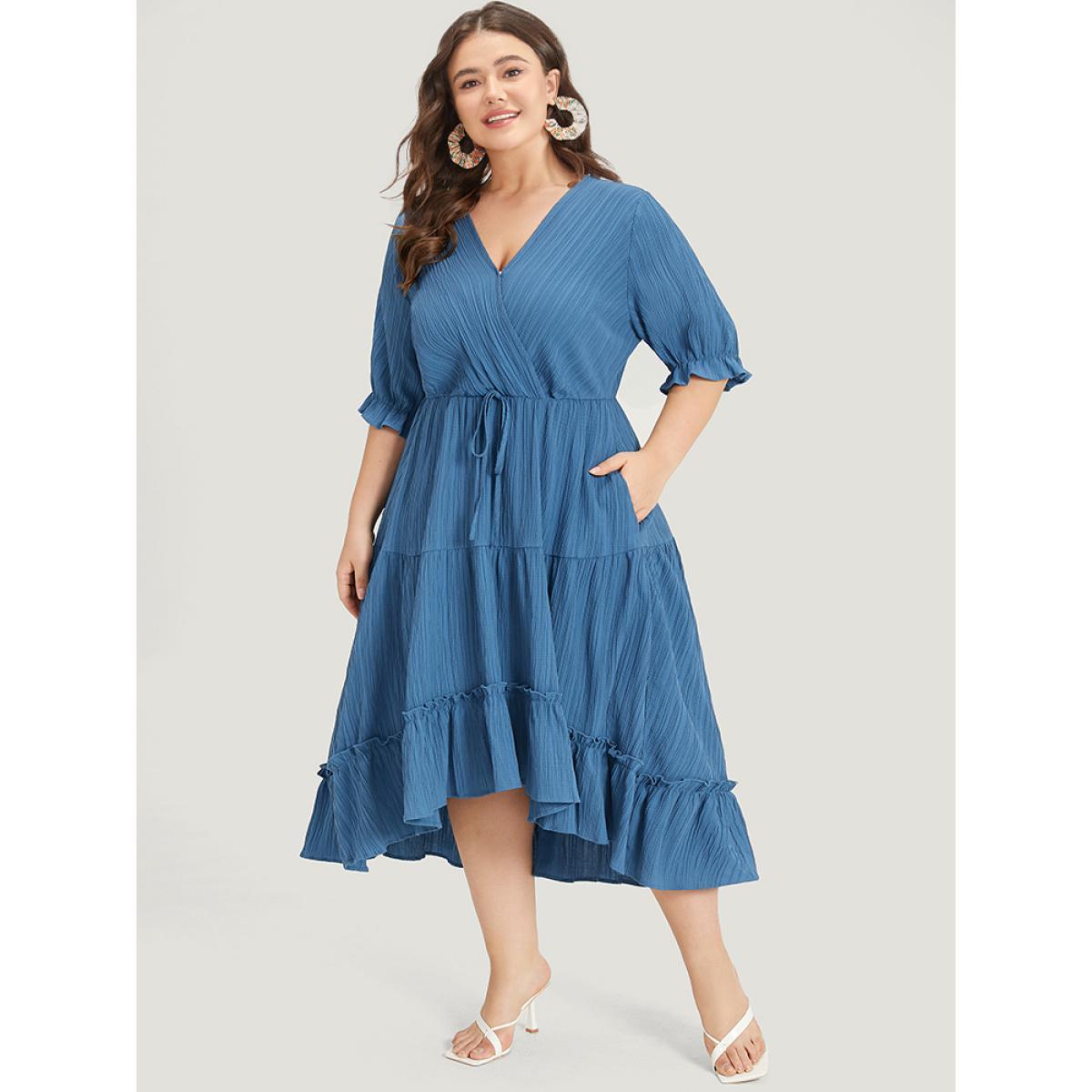 Plus Size Solid Textured Pocket Overlap Collar Flutter Trim Dress Stone Women Elegant Texture V-neck Half Sleeve Curvy Midi Dress BloomChic 10/M Product Image