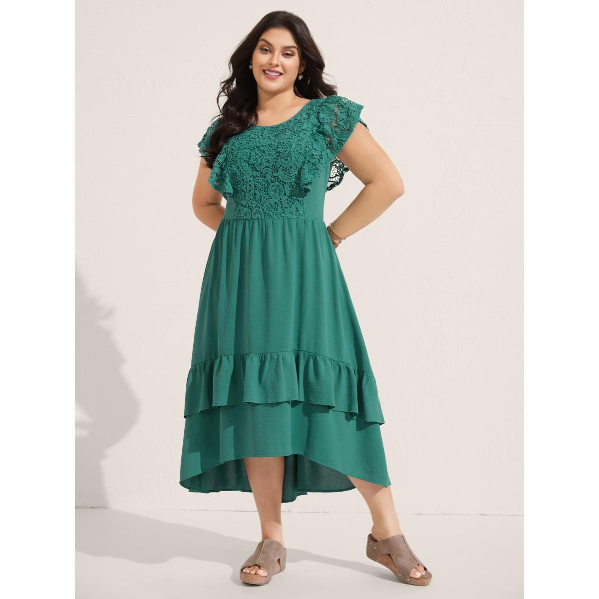 Plus Size Lace Pleated Ruffled Sleeve Midi Dress Emerald Women Round Neck Sleeveless Curvy BloomChic 10/M Product Image