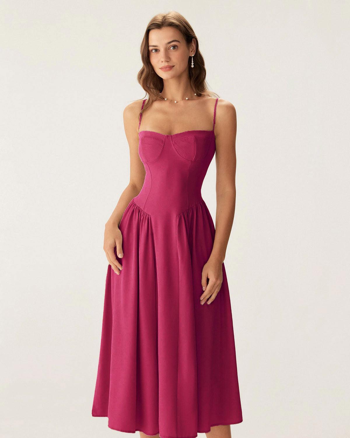 Navy Square Neck Pocket Slip Midi Dress Product Image