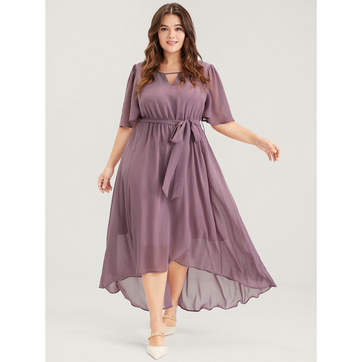 Plus Size Solid Keyhole Neck Ruffle Asymmetrical Hem Belted Maxi Dress Rouge Women Casual Elastic Waist Round Neck Half Sleeve Curvy Long Dress BloomChic 22-24/3X Product Image