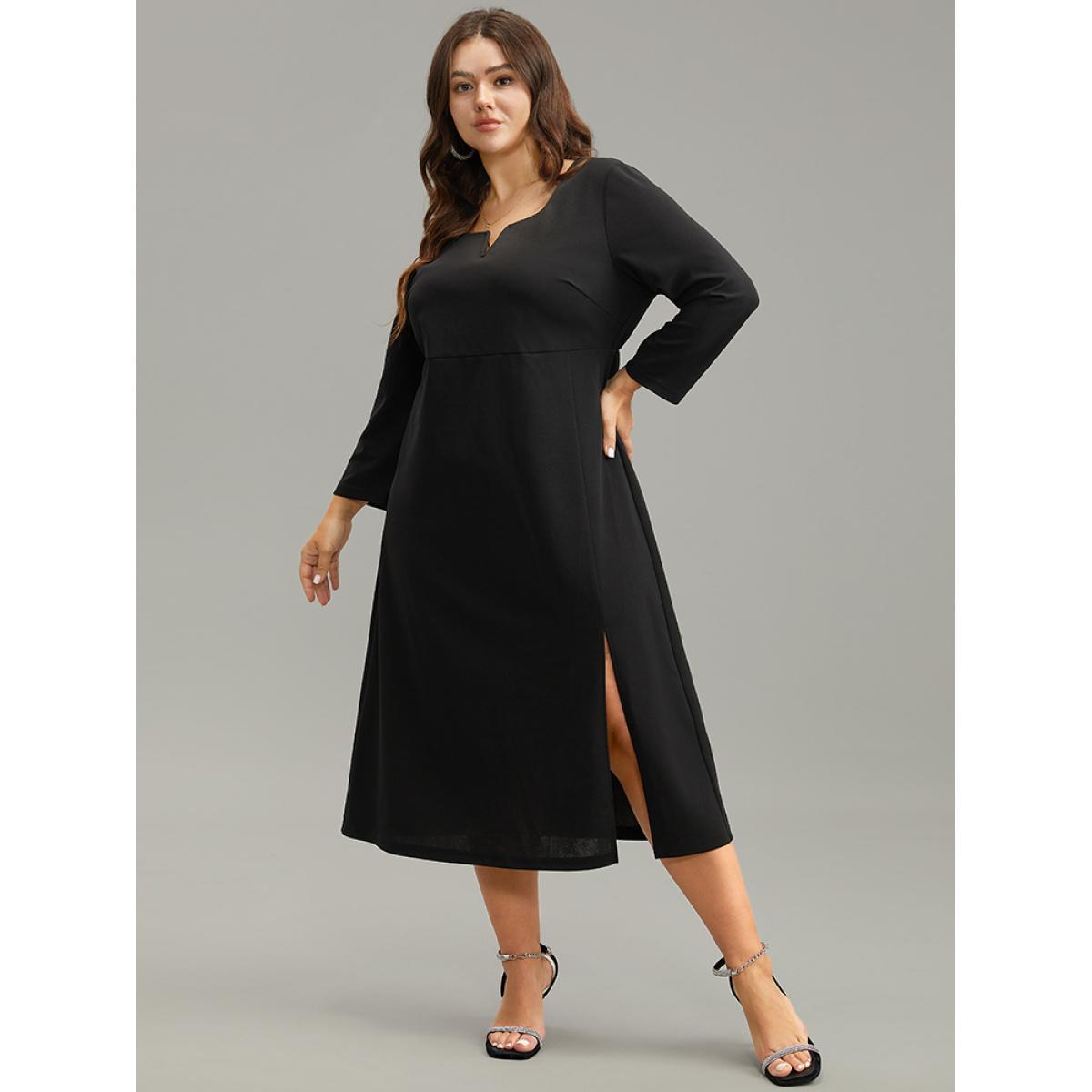 Plus Size Plain Notched Elastic Waist Split Hem Dress Black Women Glamour Plain Notched collar Long Sleeve Curvy Midi Dress BloomChic 22-24/3X Product Image