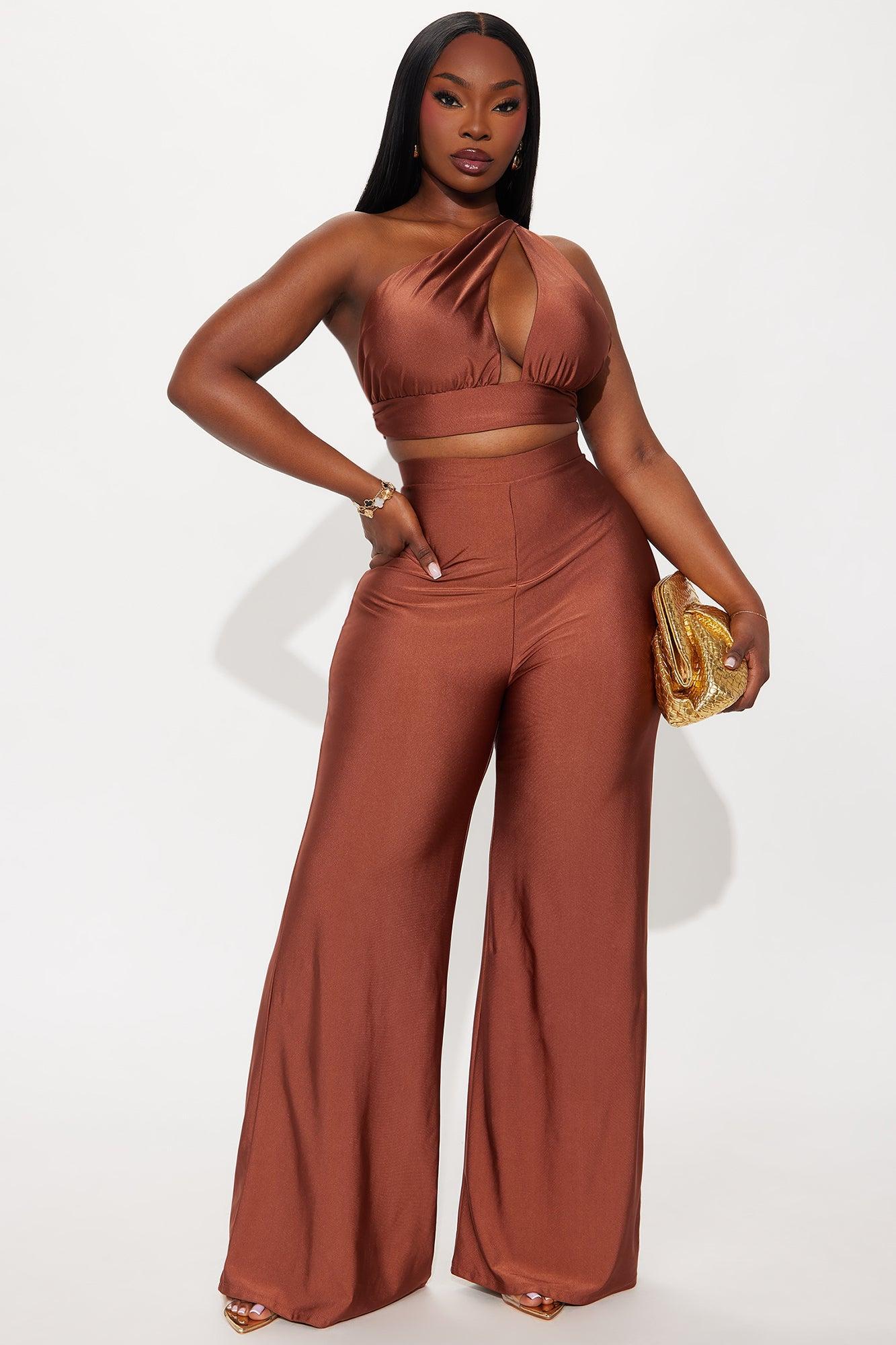 Sasha One Shoulder Wide Leg Pant Set - Brown Product Image