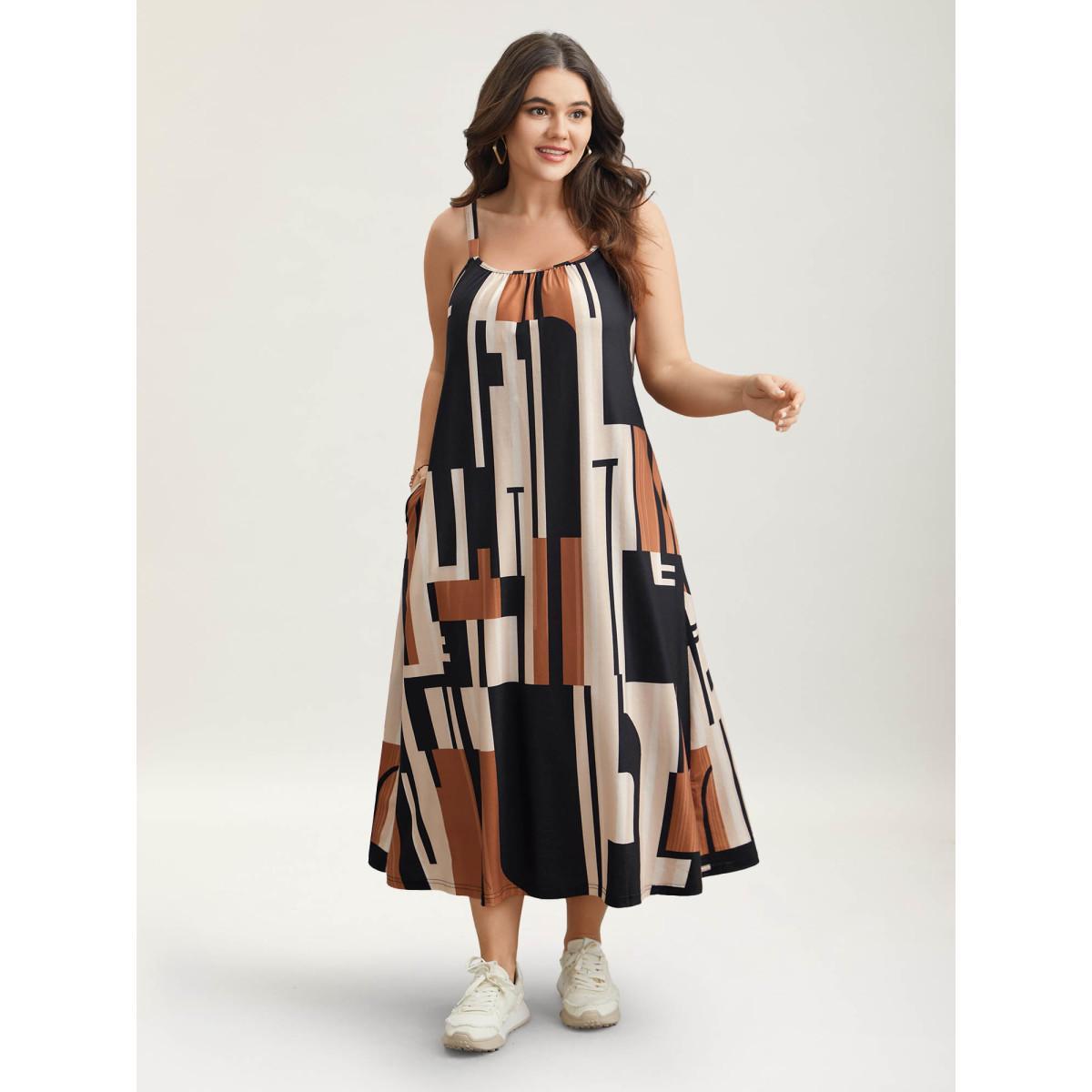 Plus Size Abstract Print Pockets Cami Midi Dress Multicolor Women Casual Gathered Round Neck Sleeveless Curvy BloomChic 18-20/2X Product Image