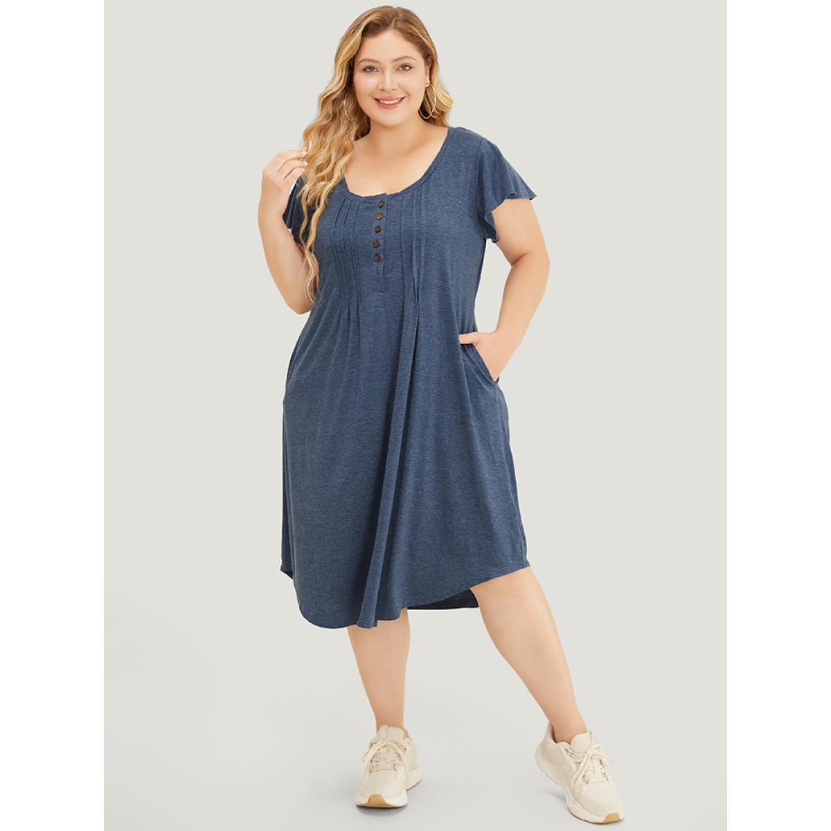 Plus Size Plain Pleated Ruffle Sleeve Pocket Button Up Curved Hem Dress Stone Women Casual Arc Hem Round Neck Cap Sleeve Curvy Midi Dress BloomChic 22-24/3X Product Image
