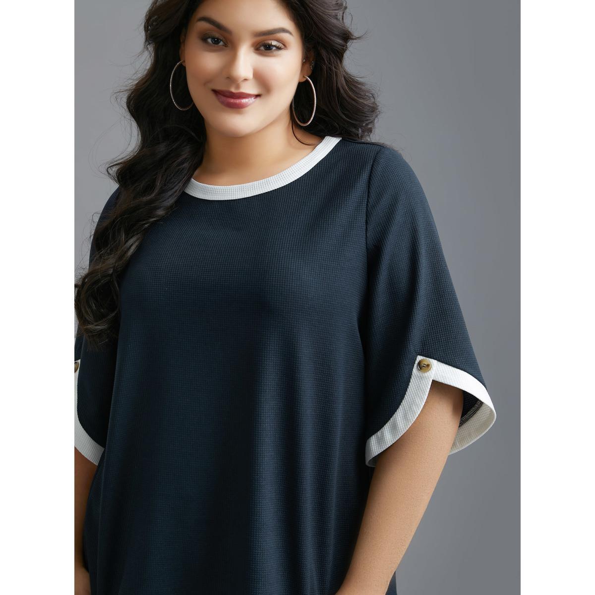 Plus Size Color Contrast Waffle Knit Bell Sleeve T-Shirt Indigo Women Casual Texture Round Neck Everyday T-shirts BloomChic 26/4X Product Image