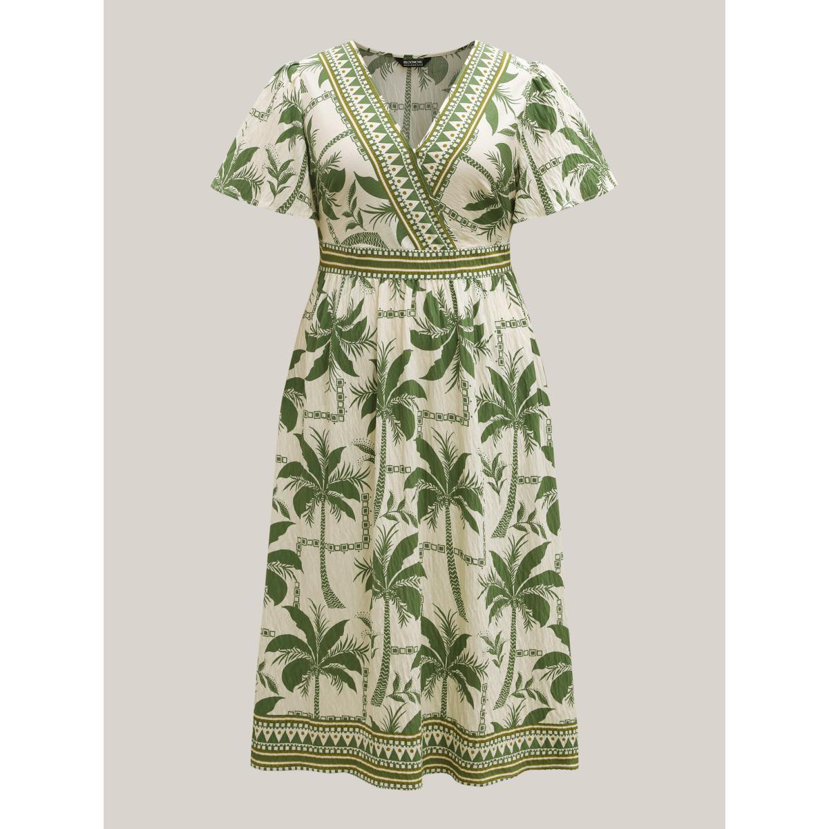 Plus Size Tropical Tree Print Contrast Hem Maxi Dress Moss Women Overlap Collar Short sleeve Curvy BloomChic 12/L Product Image
