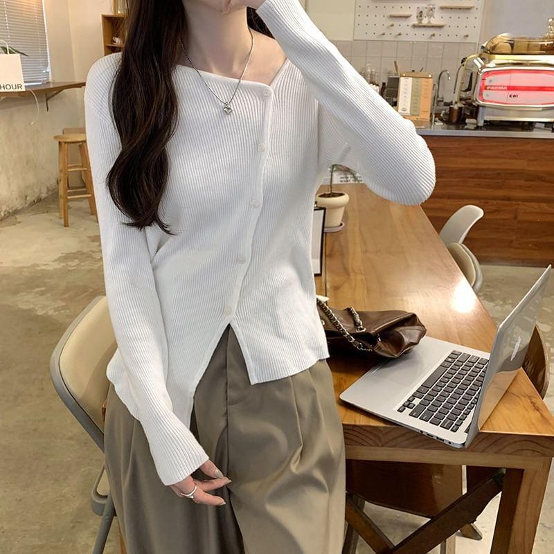Long-Sleeve Asymmetrical Ribbed Button Knit Top Product Image