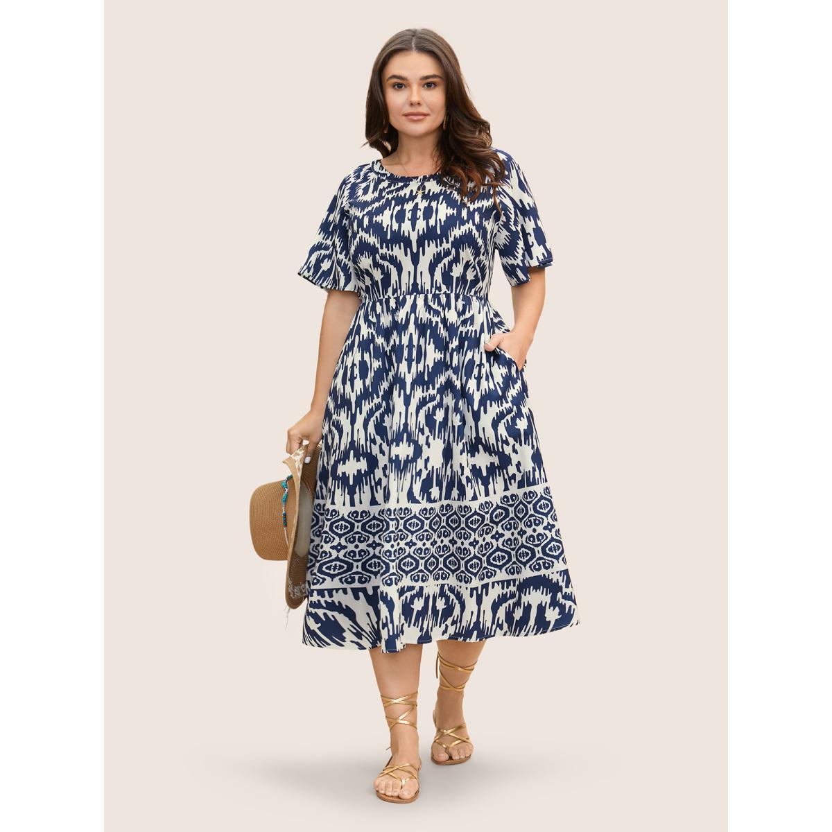 Plus Size Boho Print Ruffle Sleeve Midi Dress DarkBlue Women Resort Non Round Neck Short sleeve Curvy BloomChic 26/4X Product Image