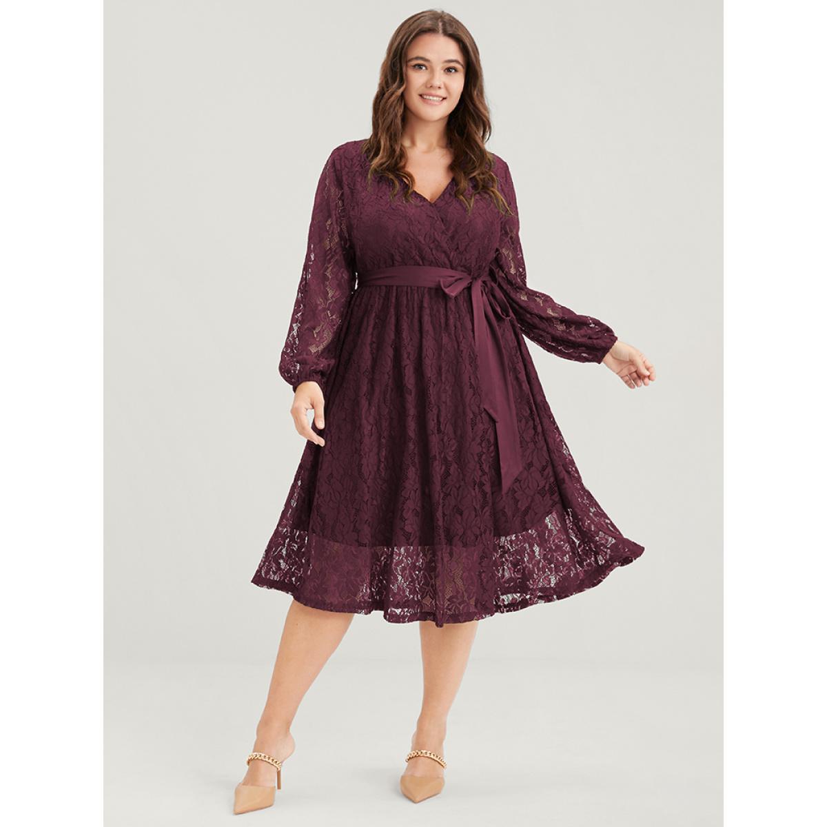 Embroidered Elegant Plus Size Women Going out Plain Midi Dress Ties Slightly Stretchy Lantern Sleeve Long Sleeve V Neck Belt Glamour Dresses BloomChic Product Image