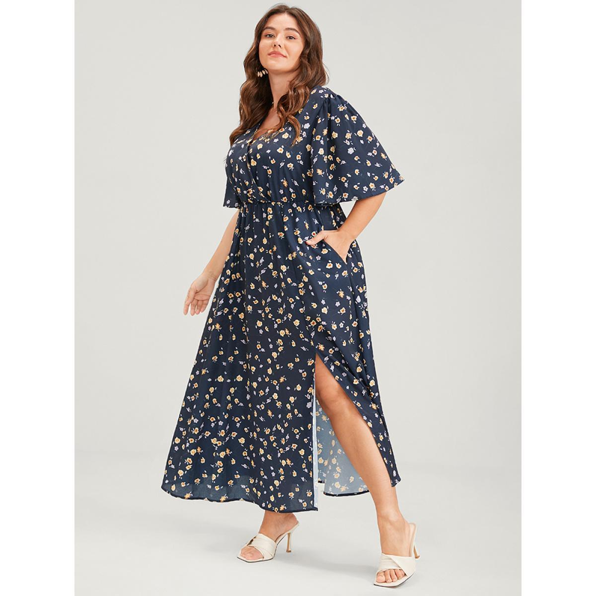 Plus Size Floral Print Split Pocket Wrap Button Ruffled Maxi Dress Navy Women Elegant Printed V-neck Half Sleeve Curvy Maxi Dress BloomChic 18-20/2X Product Image